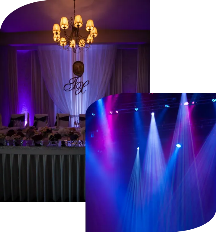 Reception hall transformed by coloured uplighting